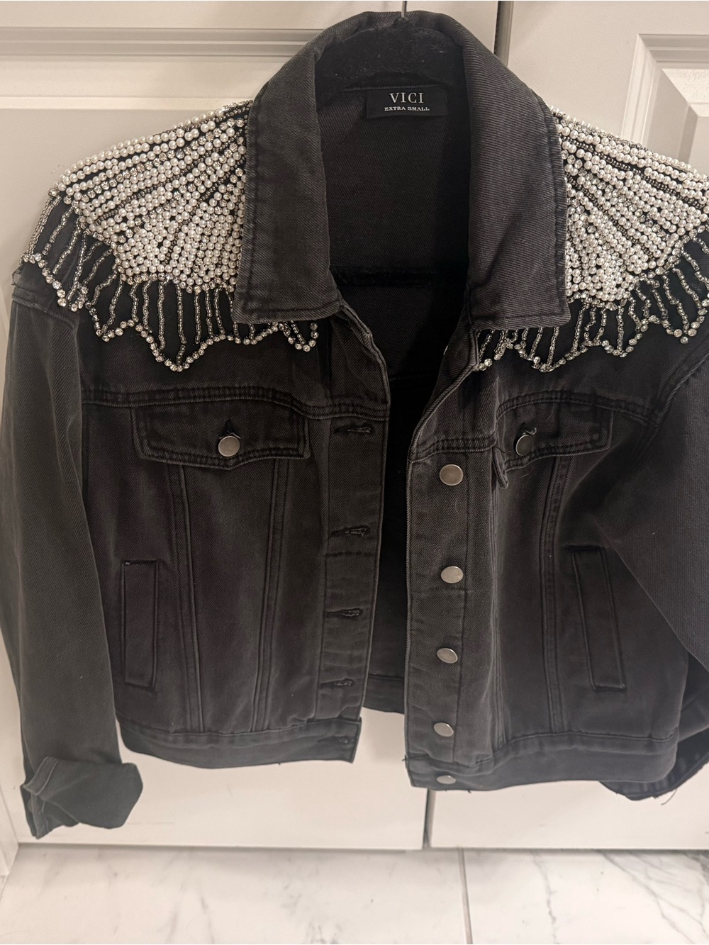 VICI Black Denim Jacket with Pearl & Silver Beaded Shoulders and Fringe